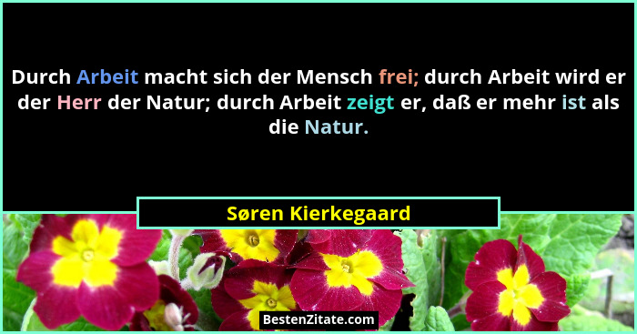 Durch Arbeit macht sich der Mensch frei; durch Arbeit wird er der Herr der Natur; durch Arbeit zeigt er, daß er mehr ist als die N... - Søren Kierkegaard