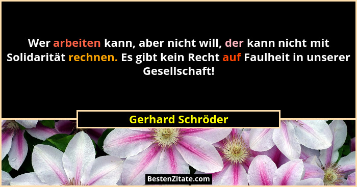 Wer arbeiten kann, aber nicht will, der kann nicht mit Solidarität rechnen. Es gibt kein Recht auf Faulheit in unserer Gesellschaft... - Gerhard Schröder