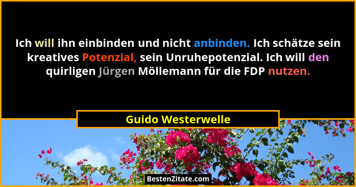 Ich will ihn einbinden und nicht anbinden. Ich schätze sein kreatives Potenzial, sein Unruhepotenzial. Ich will den quirligen Jürg... - Guido Westerwelle