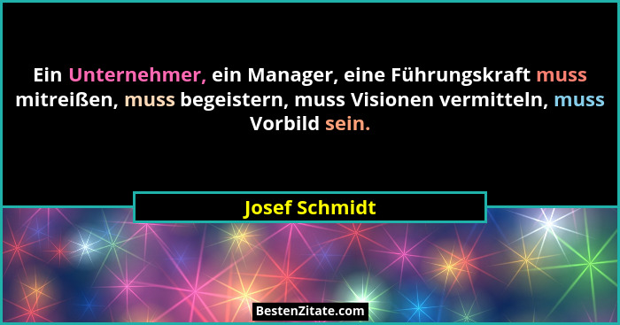 Ein Unternehmer, ein Manager, eine Führungskraft muss mitreißen, muss begeistern, muss Visionen vermitteln, muss Vorbild sein.... - Josef Schmidt