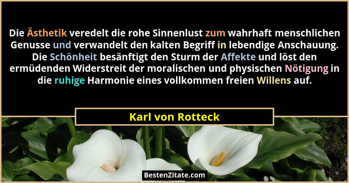 Die Ästhetik veredelt die rohe Sinnenlust zum wahrhaft menschlichen Genusse und verwandelt den kalten Begriff in lebendige Anschauu... - Karl von Rotteck