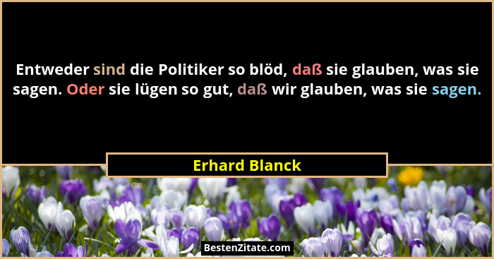 Entweder sind die Politiker so blöd, daß sie glauben, was sie sagen. Oder sie lügen so gut, daß wir glauben, was sie sagen.... - Erhard Blanck