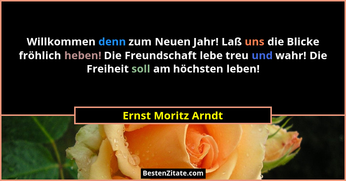 Willkommen denn zum Neuen Jahr! Laß uns die Blicke fröhlich heben! Die Freundschaft lebe treu und wahr! Die Freiheit soll am höch... - Ernst Moritz Arndt