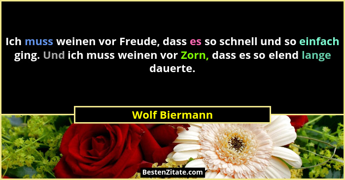 Ich muss weinen vor Freude, dass es so schnell und so einfach ging. Und ich muss weinen vor Zorn, dass es so elend lange dauerte.... - Wolf Biermann