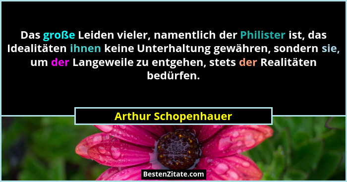 Das große Leiden vieler, namentlich der Philister ist, das Idealitäten ihnen keine Unterhaltung gewähren, sondern sie, um der La... - Arthur Schopenhauer