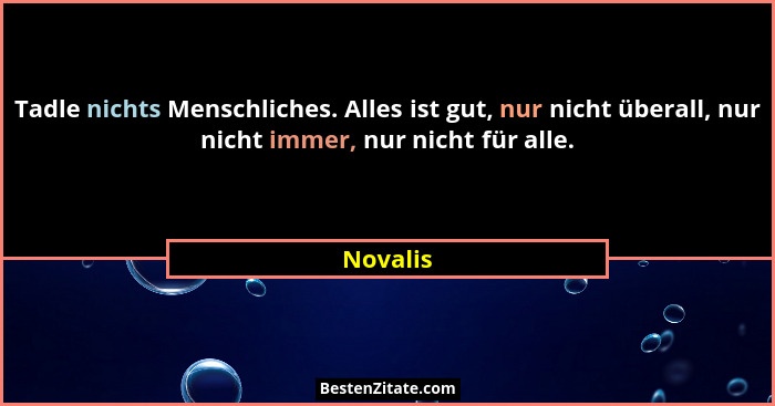 Tadle nichts Menschliches. Alles ist gut, nur nicht überall, nur nicht immer, nur nicht für alle.... - Novalis