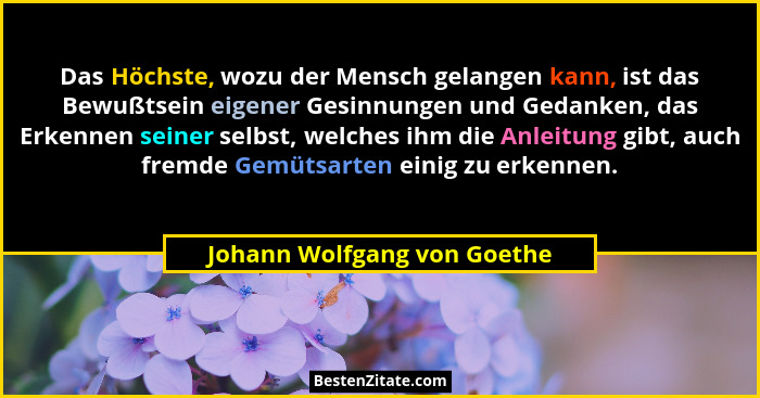 Das Höchste, wozu der Mensch gelangen kann, ist das Bewußtsein eigener Gesinnungen und Gedanken, das Erkennen seiner selb... - Johann Wolfgang von Goethe