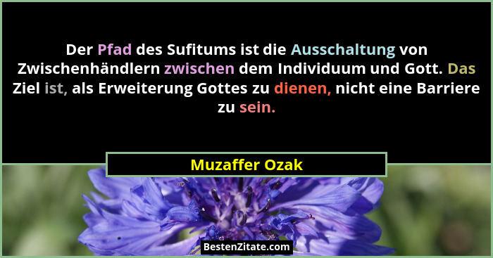 Der Pfad des Sufitums ist die Ausschaltung von Zwischenhändlern zwischen dem Individuum und Gott. Das Ziel ist, als Erweiterung Gottes... - Muzaffer Ozak