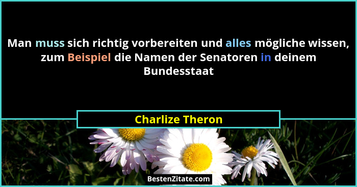 Man muss sich richtig vorbereiten und alles mögliche wissen, zum Beispiel die Namen der Senatoren in deinem Bundesstaat... - Charlize Theron