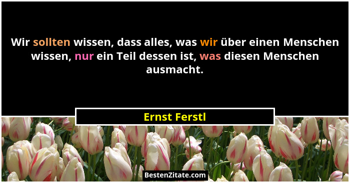 Wir sollten wissen, dass alles, was wir über einen Menschen wissen, nur ein Teil dessen ist, was diesen Menschen ausmacht.... - Ernst Ferstl