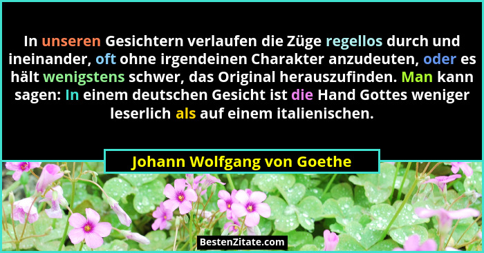 In unseren Gesichtern verlaufen die Züge regellos durch und ineinander, oft ohne irgendeinen Charakter anzudeuten, oder e... - Johann Wolfgang von Goethe