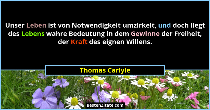 Unser Leben ist von Notwendigkeit umzirkelt, und doch liegt des Lebens wahre Bedeutung in dem Gewinne der Freiheit, der Kraft des eig... - Thomas Carlyle