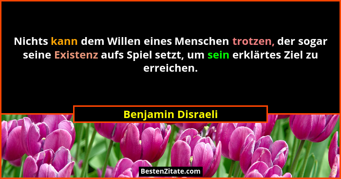 Nichts kann dem Willen eines Menschen trotzen, der sogar seine Existenz aufs Spiel setzt, um sein erklärtes Ziel zu erreichen.... - Benjamin Disraeli