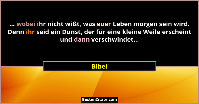 ... wobei ihr nicht wißt, was euer Leben morgen sein wird. Denn ihr seid ein Dunst, der für eine kleine Weile erscheint und dann verschwindet.... - Bibel