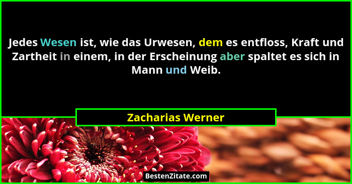 Jedes Wesen ist, wie das Urwesen, dem es entfloss, Kraft und Zartheit in einem, in der Erscheinung aber spaltet es sich in Mann und... - Zacharias Werner