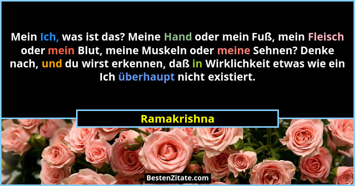 Mein Ich, was ist das? Meine Hand oder mein Fuß, mein Fleisch oder mein Blut, meine Muskeln oder meine Sehnen? Denke nach, und du wirst... - Ramakrishna