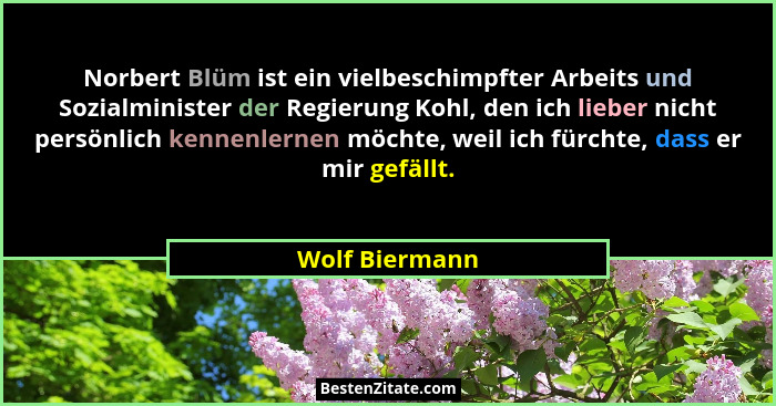 Norbert Blüm ist ein vielbeschimpfter Arbeits und Sozialminister der Regierung Kohl, den ich lieber nicht persönlich kennenlernen möch... - Wolf Biermann