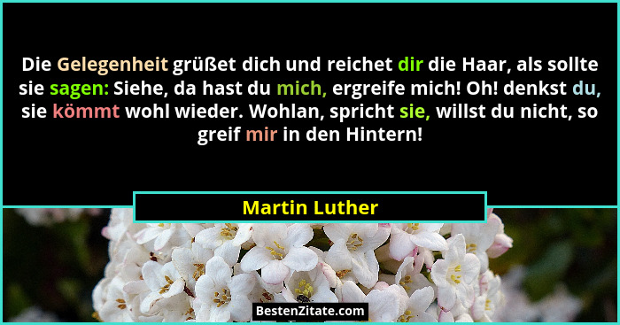 Die Gelegenheit grüßet dich und reichet dir die Haar, als sollte sie sagen: Siehe, da hast du mich, ergreife mich! Oh! denkst du, sie... - Martin Luther