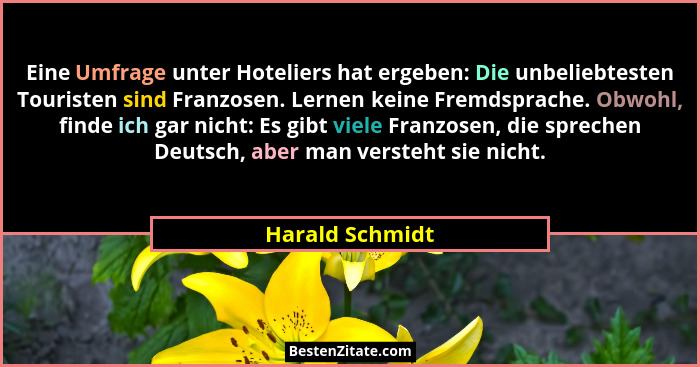 Eine Umfrage unter Hoteliers hat ergeben: Die unbeliebtesten Touristen sind Franzosen. Lernen keine Fremdsprache. Obwohl, finde ich g... - Harald Schmidt