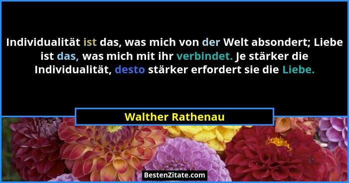 Individualität ist das, was mich von der Welt absondert; Liebe ist das, was mich mit ihr verbindet. Je stärker die Individualität,... - Walther Rathenau