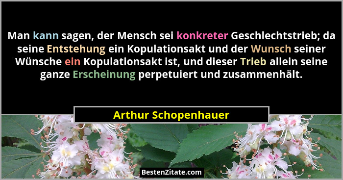 Man kann sagen, der Mensch sei konkreter Geschlechtstrieb; da seine Entstehung ein Kopulationsakt und der Wunsch seiner Wünsche... - Arthur Schopenhauer
