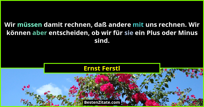 Wir müssen damit rechnen, daß andere mit uns rechnen. Wir können aber entscheiden, ob wir für sie ein Plus oder Minus sind.... - Ernst Ferstl