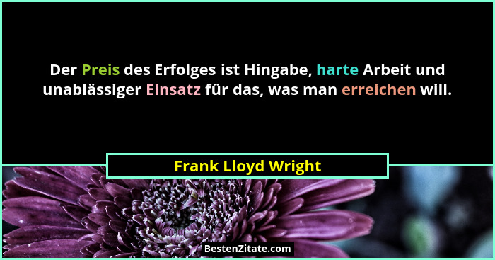 Der Preis des Erfolges ist Hingabe, harte Arbeit und unablässiger Einsatz für das, was man erreichen will.... - Frank Lloyd Wright