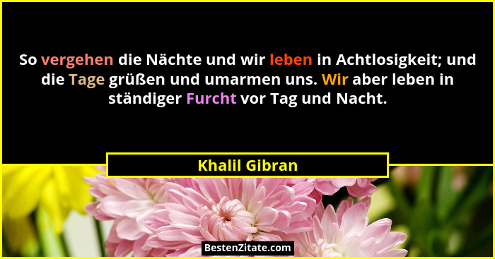 So vergehen die Nächte und wir leben in Achtlosigkeit; und die Tage grüßen und umarmen uns. Wir aber leben in ständiger Furcht vor Tag... - Khalil Gibran