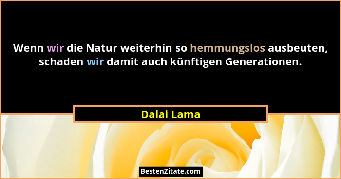 Wenn wir die Natur weiterhin so hemmungslos ausbeuten, schaden wir damit auch künftigen Generationen.... - Dalai Lama