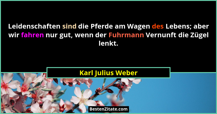 Leidenschaften sind die Pferde am Wagen des Lebens; aber wir fahren nur gut, wenn der Fuhrmann Vernunft die Zügel lenkt.... - Karl Julius Weber