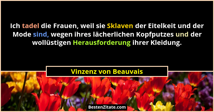 Ich tadel die Frauen, weil sie Sklaven der Eitelkeit und der Mode sind, wegen ihres lächerlichen Kopfputzes und der wollüstigen... - Vinzenz von Beauvais