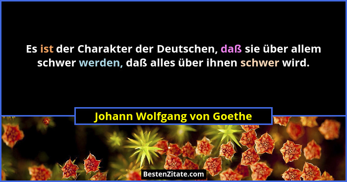 Es ist der Charakter der Deutschen, daß sie über allem schwer werden, daß alles über ihnen schwer wird.... - Johann Wolfgang von Goethe