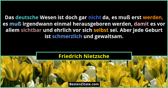 Das deutsche Wesen ist doch gar nicht da, es muß erst werden, es muß irgendwann einmal herausgeboren werden, damit es vor allem... - Friedrich Nietzsche