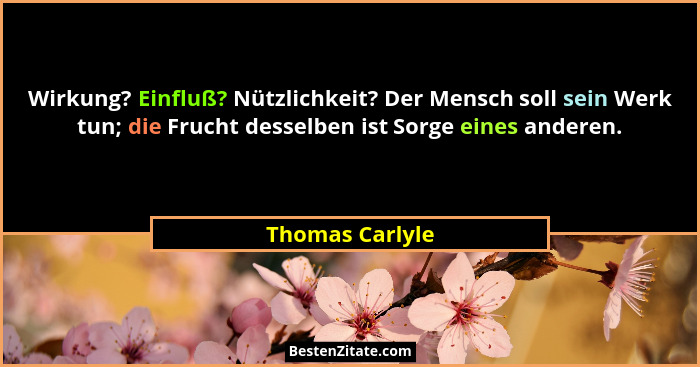 Wirkung? Einfluß? Nützlichkeit? Der Mensch soll sein Werk tun; die Frucht desselben ist Sorge eines anderen.... - Thomas Carlyle