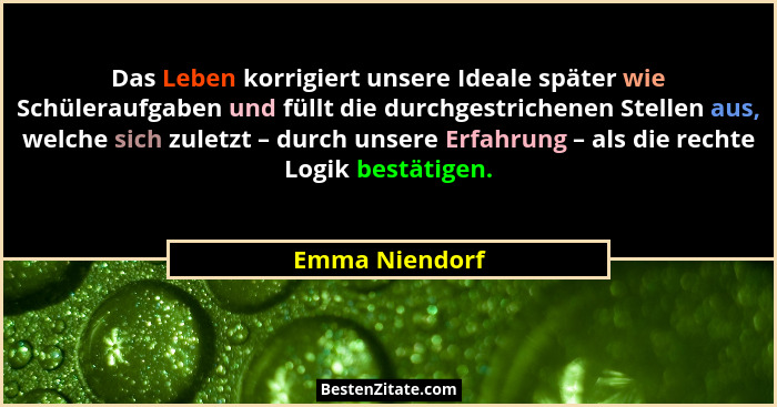 Das Leben korrigiert unsere Ideale später wie Schüleraufgaben und füllt die durchgestrichenen Stellen aus, welche sich zuletzt – durch... - Emma Niendorf
