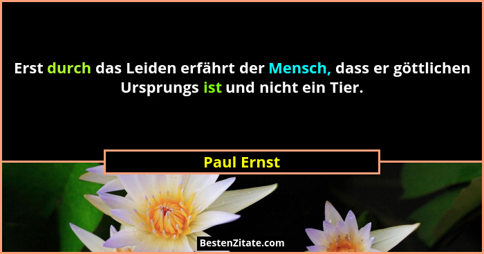 Erst durch das Leiden erfährt der Mensch, dass er göttlichen Ursprungs ist und nicht ein Tier.... - Paul Ernst