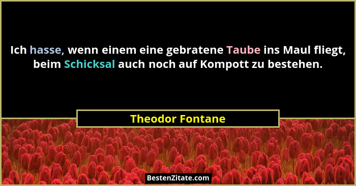 Ich hasse, wenn einem eine gebratene Taube ins Maul fliegt, beim Schicksal auch noch auf Kompott zu bestehen.... - Theodor Fontane