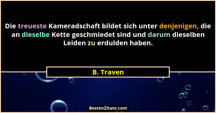 Die treueste Kameradschaft bildet sich unter denjenigen, die an dieselbe Kette geschmiedet sind und darum dieselben Leiden zu erdulden hab... - B. Traven