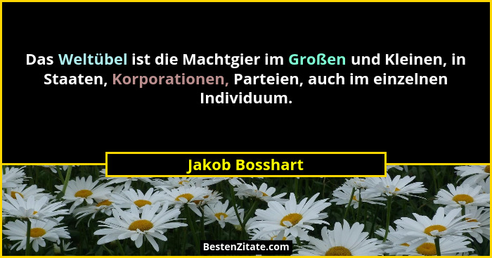 Das Weltübel ist die Machtgier im Großen und Kleinen, in Staaten, Korporationen, Parteien, auch im einzelnen Individuum.... - Jakob Bosshart