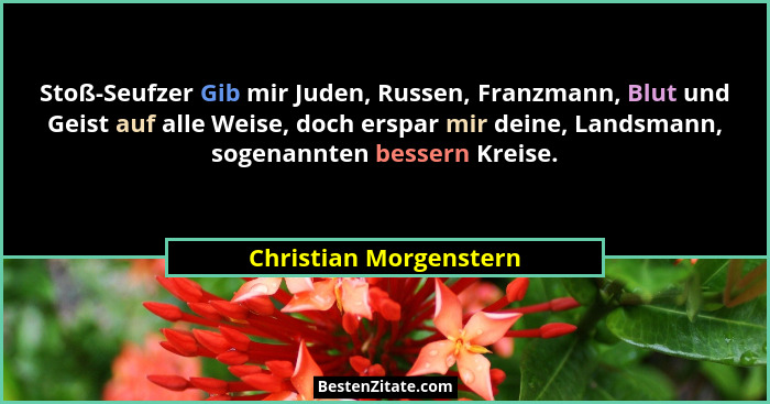 Stoß-Seufzer Gib mir Juden, Russen, Franzmann, Blut und Geist auf alle Weise, doch erspar mir deine, Landsmann, sogenannten be... - Christian Morgenstern
