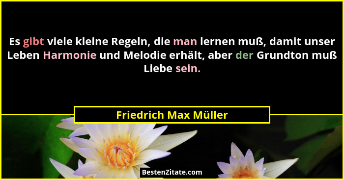 Es gibt viele kleine Regeln, die man lernen muß, damit unser Leben Harmonie und Melodie erhält, aber der Grundton muß Liebe sei... - Friedrich Max Müller