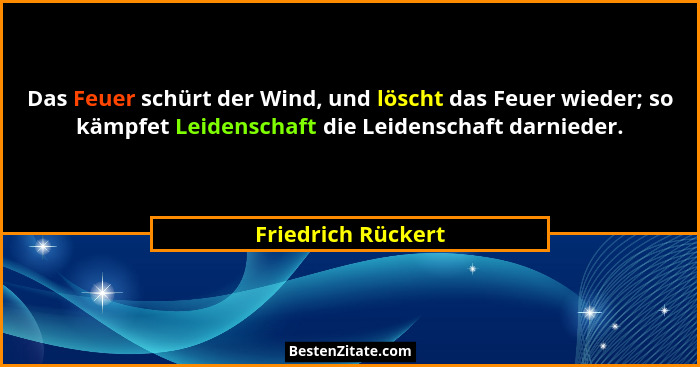 Das Feuer schürt der Wind, und löscht das Feuer wieder; so kämpfet Leidenschaft die Leidenschaft darnieder.... - Friedrich Rückert