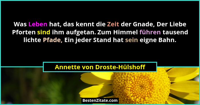 Was Leben hat, das kennt die Zeit der Gnade, Der Liebe Pforten sind ihm aufgetan. Zum Himmel führen tausend lichte Pfade... - Annette von Droste-Hülshoff
