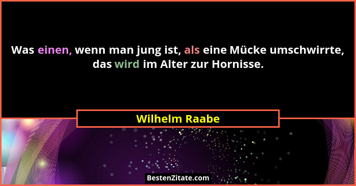 Was einen, wenn man jung ist, als eine Mücke umschwirrte, das wird im Alter zur Hornisse.... - Wilhelm Raabe