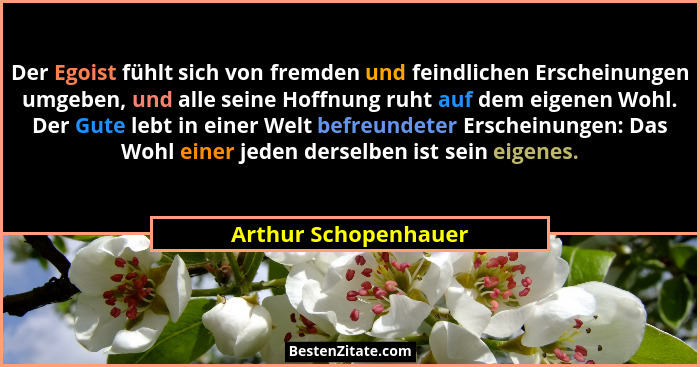 Der Egoist fühlt sich von fremden und feindlichen Erscheinungen umgeben, und alle seine Hoffnung ruht auf dem eigenen Wohl. Der... - Arthur Schopenhauer