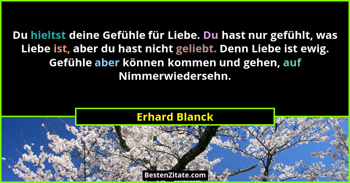 Du hieltst deine Gefühle für Liebe. Du hast nur gefühlt, was Liebe ist, aber du hast nicht geliebt. Denn Liebe ist ewig. Gefühle aber... - Erhard Blanck