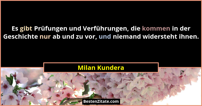 Es gibt Prüfungen und Verführungen, die kommen in der Geschichte nur ab und zu vor, und niemand widersteht ihnen.... - Milan Kundera