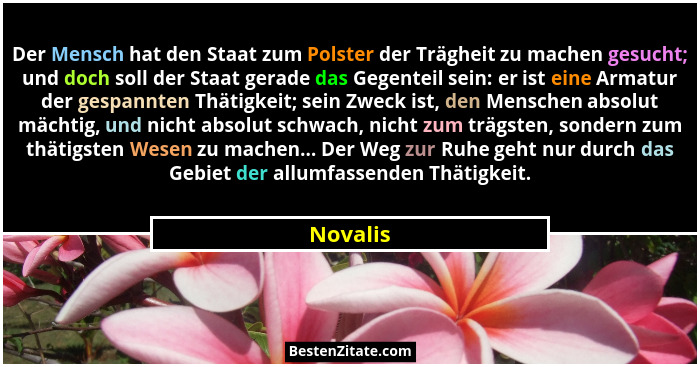 Der Mensch hat den Staat zum Polster der Trägheit zu machen gesucht; und doch soll der Staat gerade das Gegenteil sein: er ist eine Armatur... - Novalis