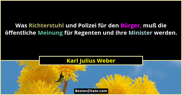 Was Richterstuhl und Polizei für den Bürger, muß die öffentliche Meinung für Regenten und ihre Minister werden.... - Karl Julius Weber