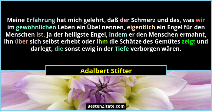 Meine Erfahrung hat mich gelehrt, daß der Schmerz und das, was wir im gewöhnlichen Leben ein Übel nennen, eigentlich ein Engel für... - Adalbert Stifter
